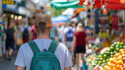 Man with Backpack Walking Through Market.