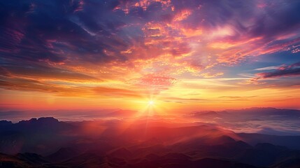 A breathtaking sunrise over a mountain range, casting vibrant colors across the sky and landscape.