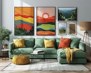 mock up  abstract wall art painting on the wall in the room with minimal cozy wabi sabi modern decor, interior design with colorful color theme