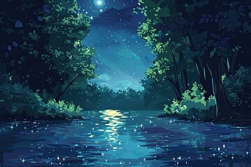 Obraz premium A serene lake in a forest at night with stars reflecting in the water.