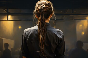 Back view of a female chef with braided hair observing the hustle of a dimly lit, busy restaurant kitchen