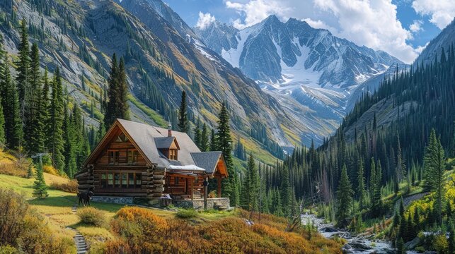 A rustic log cabin nestled in a mountain valley, surrounded by towering pine trees and a backdrop of snow-capped peaks. - Powered by Adobe