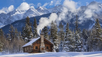 A rustic log cabin nestled in a snowy pine forest, smoke rising from the chimney against a backdrop of snow-covered mountains.