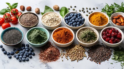 **Assorted superfoods in small bowls on a white surface