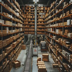 Warehouse Interior with Conveyor Belt and Shelves of Boxes