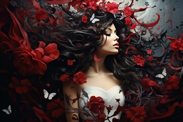 Artistic rendition of a woman surrounded by swirls of red flowers and butterflies