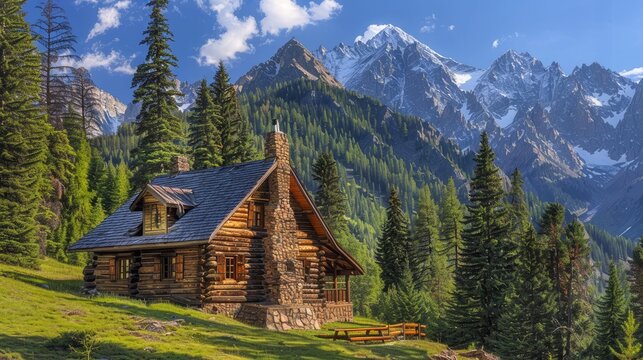 A rustic log cabin nestled in a mountain valley, surrounded by towering pine trees and a backdrop of snow-capped peaks.