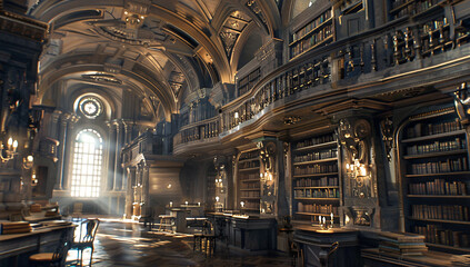 Fototapeta premium Ancient library with towering bookshelves bathed in soft sunlight
