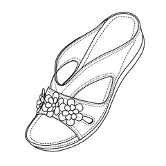 Women's Wedge Shoes: Slip On Dressy Summer Comfortable Slides Sandals Line art, Technical sketch hand drawing outline vector doodle illustration, isolated on white background