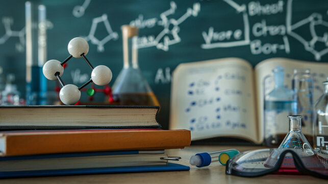 Chemistry books, molecular model, safety goggles on lab bench - Powered by Adobe