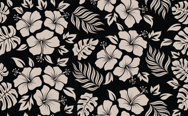 Hand drawn tropical flower hibiscus palm leaf seamless pattern. floral abstract background.