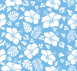 Silhouette tropical flower hibiscus palm leaf seamless pattern.  © andin