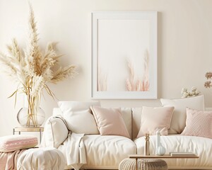mock up wall art painting on the wall in the room with minimal cozy wabi sabi farmhouse decor, interior design with neutral color theme