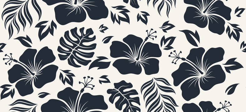 Fototapeta Hibiscus flowers Silhouette tropical seamless pattern. abstract floral background.