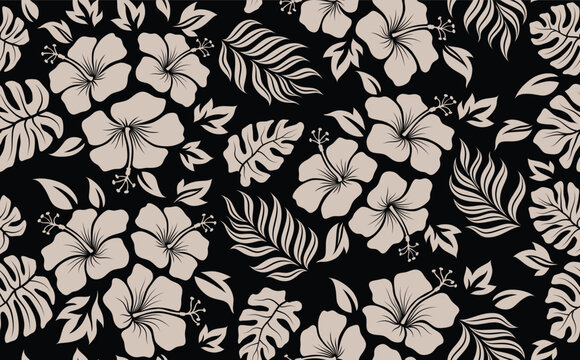 Hand drawn tropical flower hibiscus palm leaf seamless pattern. floral abstract background.
