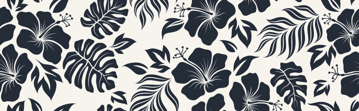 Fototapeta Hand drawn hibiscus floral Tropical seamless pattern.