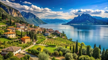 Obraz premium Scenic view of a tranquil countryside surrounding Lake Garda in Italy, Lake Garda, Italy, countryside, rural, landscape