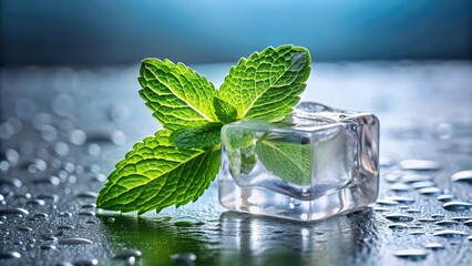 A refreshing combination of ice cube and mint leaves , cool, fresh, crisp, frozen, cube, plant, flavor, cocktail, summer, cold