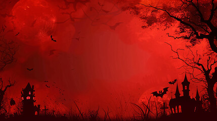 Red Halloween background with spooky elements and characters, copy space