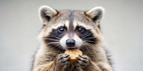 Fototapeta premium Adorable raccoon holding cookie with curious expression, raccoon, cookie, cute, sweet, animal, wildlife, adorable