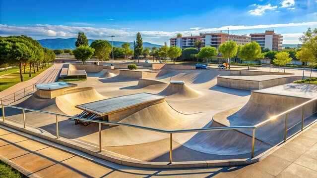 Modern skate park in Igualada, Spain featuring impressive ramps, rails, and halfpipes, skate park, Igualada, Spain