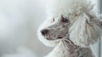 Award-Winning Studio Photography: Black and White Portrait of a White Poodle with Professional Color Grading and Soft Shadows