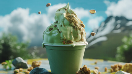 Pistachio nuts ice cream advertisement photo, vegan dessert, healthy dessert background, energetic and dynamic food advertisement, vegan fields, new product launch ice cream