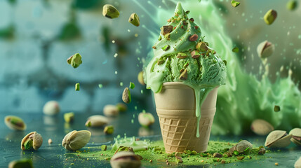 Nut cone ice cream, Pistachio nuts ice cream advertisement photo, vegan dessert, healthy dessert background, energetic and dynamic food advertisement, vegan fields, new product launch ice cream
