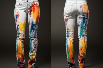 Artistic shot of front and back views of jeans covered in vibrant paint splashes