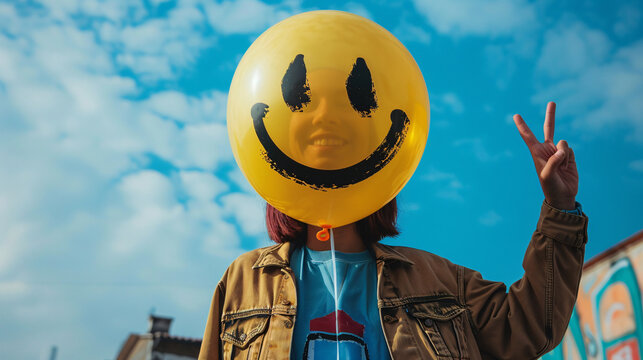Smiling person holding yellow balloon and making peace sign - Powered by Adobe
