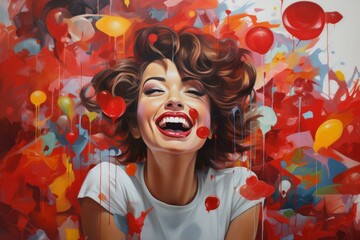 Radiant woman laughing amidst a vibrant backdrop of red balloons and confetti
