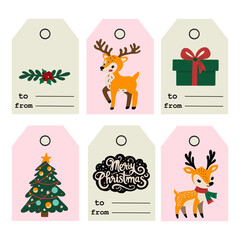 Set of Merry Christmas tags, icons and cards with hand drawn elements. Vector illustration