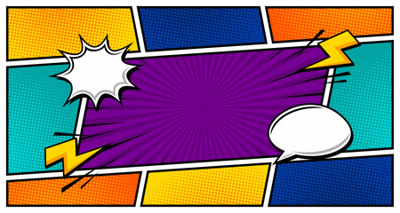 Retro empty comic bubbles and elements set with colorful halftone 