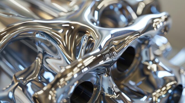 A closeup of a chromed cast iron manifold highlighting the bold sharp edges and glossy sheen.