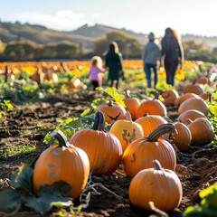 Wide angle of a family walking through a pumpkin patch, choosing pumpkins, colorful gourds in the foreground, late afternoon sunlight, festive and lively.