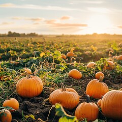 Wide shot of a pumpkin patch at harvest time, vibrant orange pumpkins and assorted gourds, rows stretching into the distance, golden hour sunlight, warm and inviting.