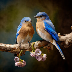 Obraz premium Two bluebirds on a branch of a blossoming .