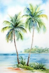 Fototapeta premium watercolor summer frame or boder with palm trees and seashells, tropical paradise, Summer vacation concept.