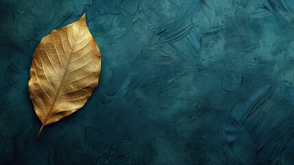Intricate Golden Leaf with Veins on Dark Teal Background - Nature-Inspired High Detail Copy Space Image