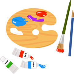 使用中の絵具のチューブと筆とパレット