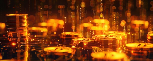 Obraz premium Illuminated Digital Hologram of Gold Coins Signifying Financial Assets and Growth with Tech and Neon Accents