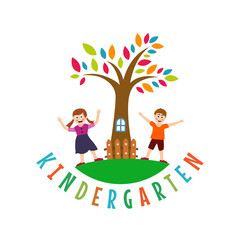 kindergarten, Preschool playgroup logo icon design template. Children school vector illustration