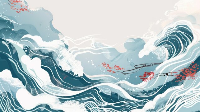 Vibrant abstract waves featuring flowing lines and red accents, form a lively oceanic artwork with an artistic flair AIG62