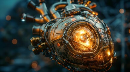 Futuristic steampunk heart, gleaming with golden hues, highlighting the synergy of innovation and technology, intricate mechanical artistry