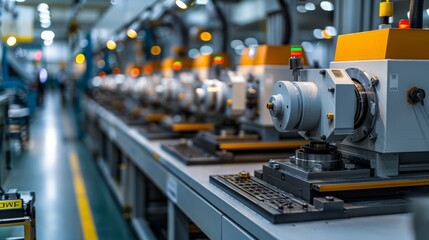 Fototapeta premium Golden factory machinery in an advanced industrial setting, seamlessly integrating digital technology for precision manufacturing, a modern marvel