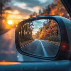 Close-up of a rearview mirror reflecting a winding road and colorful trees, sun setting in the background, soft and nostalgic lighting.