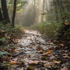 Obraz premium Close-up of dew-covered leaves along a forest path, soft morning mist, golden rays of light creating a magical glow, detailed and tranquil.
