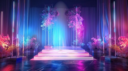 Futuristic Wedding Backdrop with Transparent Curtains and Holographic Floral Designs in Neon Hues - 3D Render with High-Tech Elements and Glowing Accents