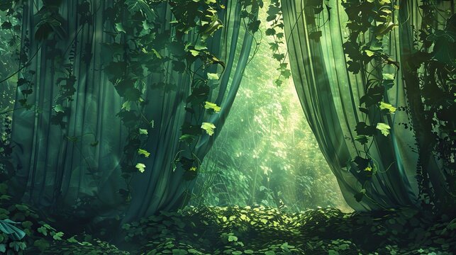 Enchanted Forest Wedding Bliss: Dreamy Green Curtains and Ivy Vines | Fantasy Style, Vibrant Colors, Mystical Atmosphere, Digital Art, Dappled Light