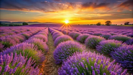 Fototapeta premium Vibrant lavender field bathed in golden sunset light, lavender, field, sunset, golden hour, flowers, purple, peaceful